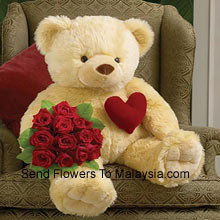 12 Red Roses with Cuddly 32 Inches Teddy