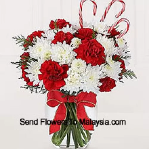 Sweeten their Chinese New Year with a bounty of blooms and festive candy canes! A darling bouquet of red carnations and white chrysanthemums are accented with peppermint candy canes for a holiday presentation that is sure to make their holiday warm and bright. A memorable way to be a part of their holiday festivities! (Please Note That We Reserve The Right To Substitute Any Product With A Suitable Product Of Equal Value In Case Of Non-Availability Of A Certain Product)