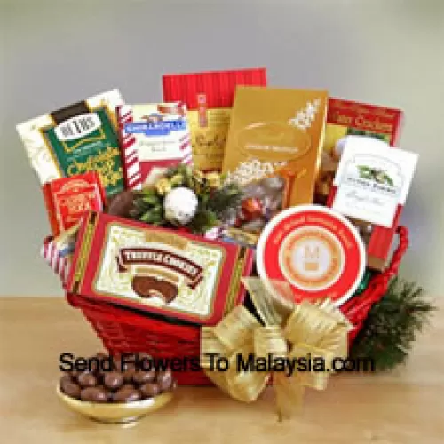 This handsome red oval basket comes decorated with a big bow to make a great presentation. Inside are many reasons to smile as she sample the savory and sweet selection: crackers, cheese, Cashew Roca, truffle cookies, mocha almonds, chocolate chip cookies, Lindt truffles, Ghirardelli almond chocolate bar, and English tea cookies. (Please Note That We Reserve The Right To Substitute Any Product With A Suitable Product Of Equal Value In Case Of Non-Availability Of A Certain Product)